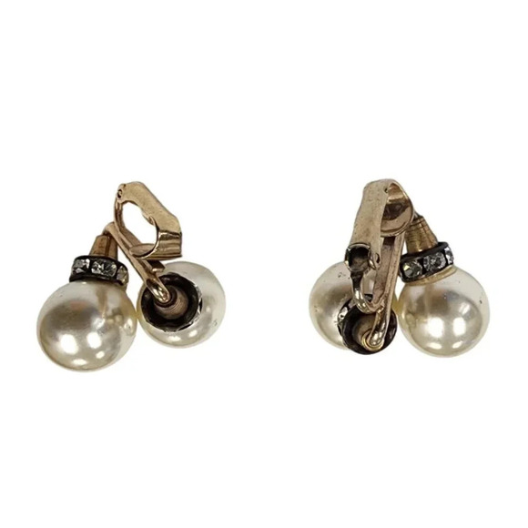 Vintage Faux Pearl Rhinestone Clip-on Earrings Gold Tone - Picture 2 of 2